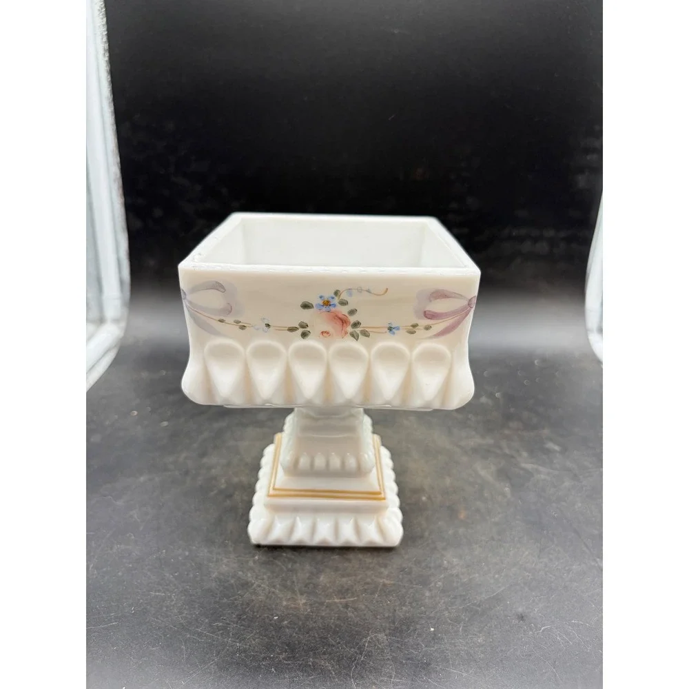 Vintage Milk Glass Pedestal Planter Square Hand Painted Floral Roses Sawtooth